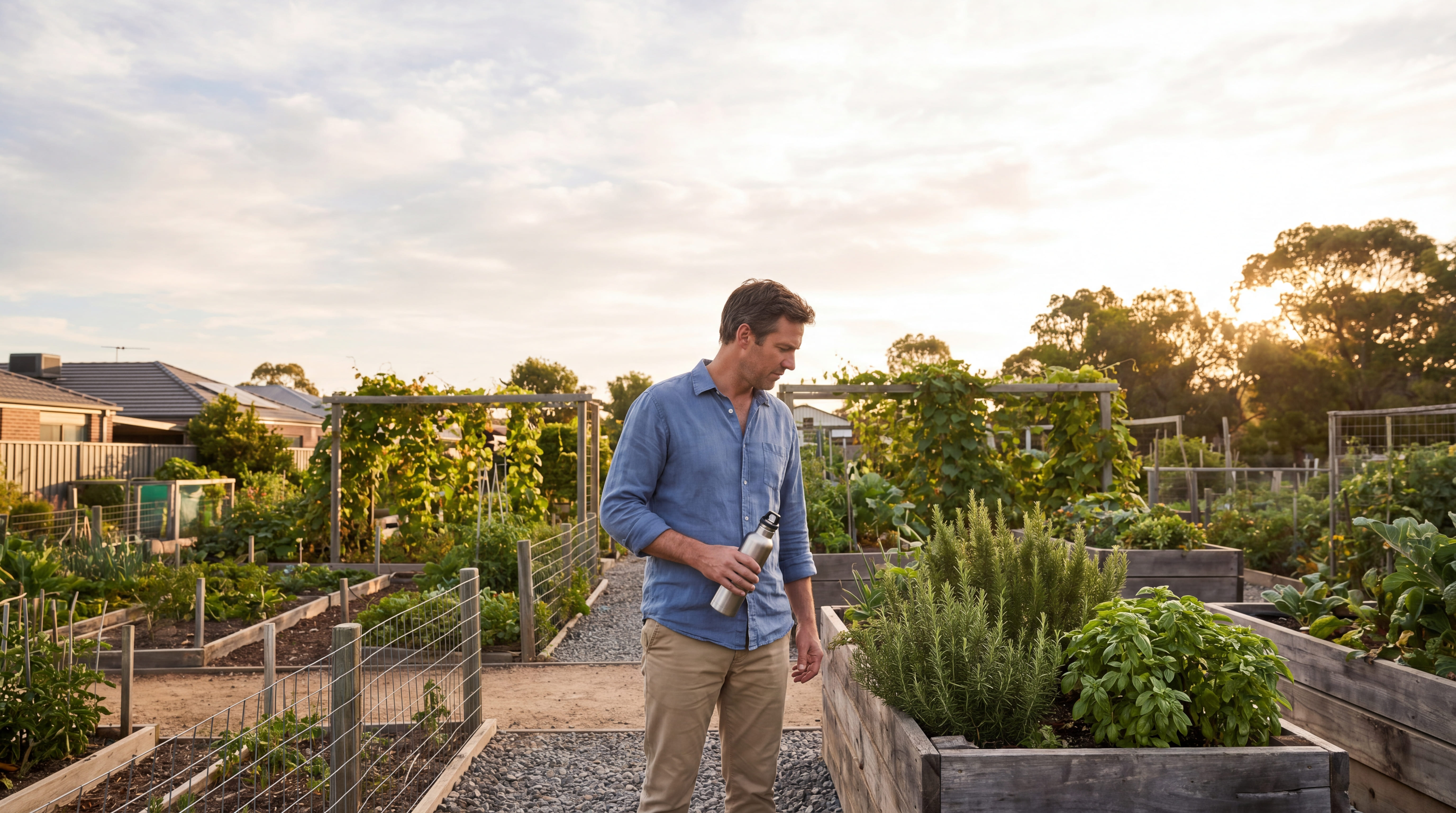 man-walking-community-garden