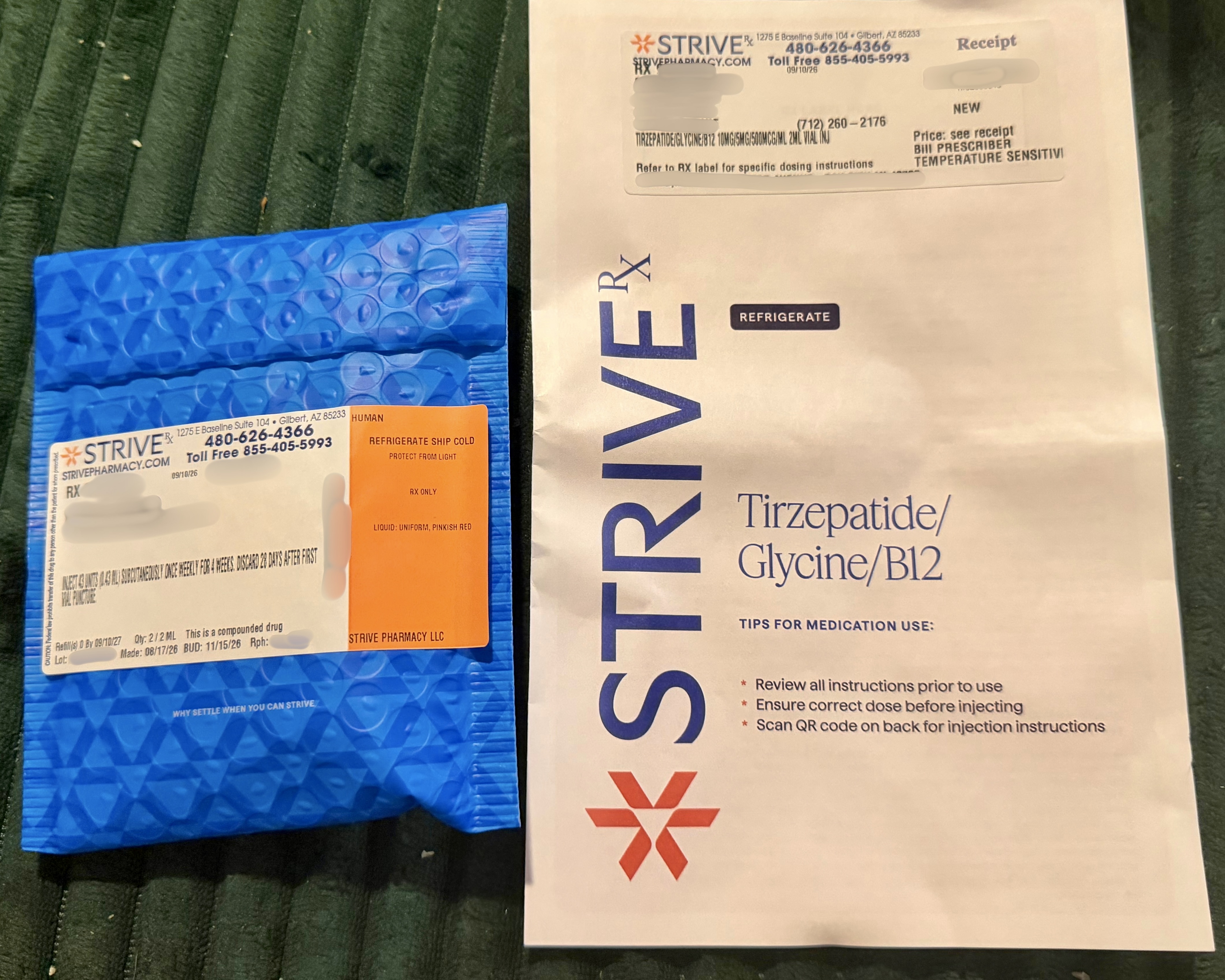 Blue Strive Pharmacy bubble mailer with the prescription label and a Tirzepatide Glycine B12 tips-for-use information sheet