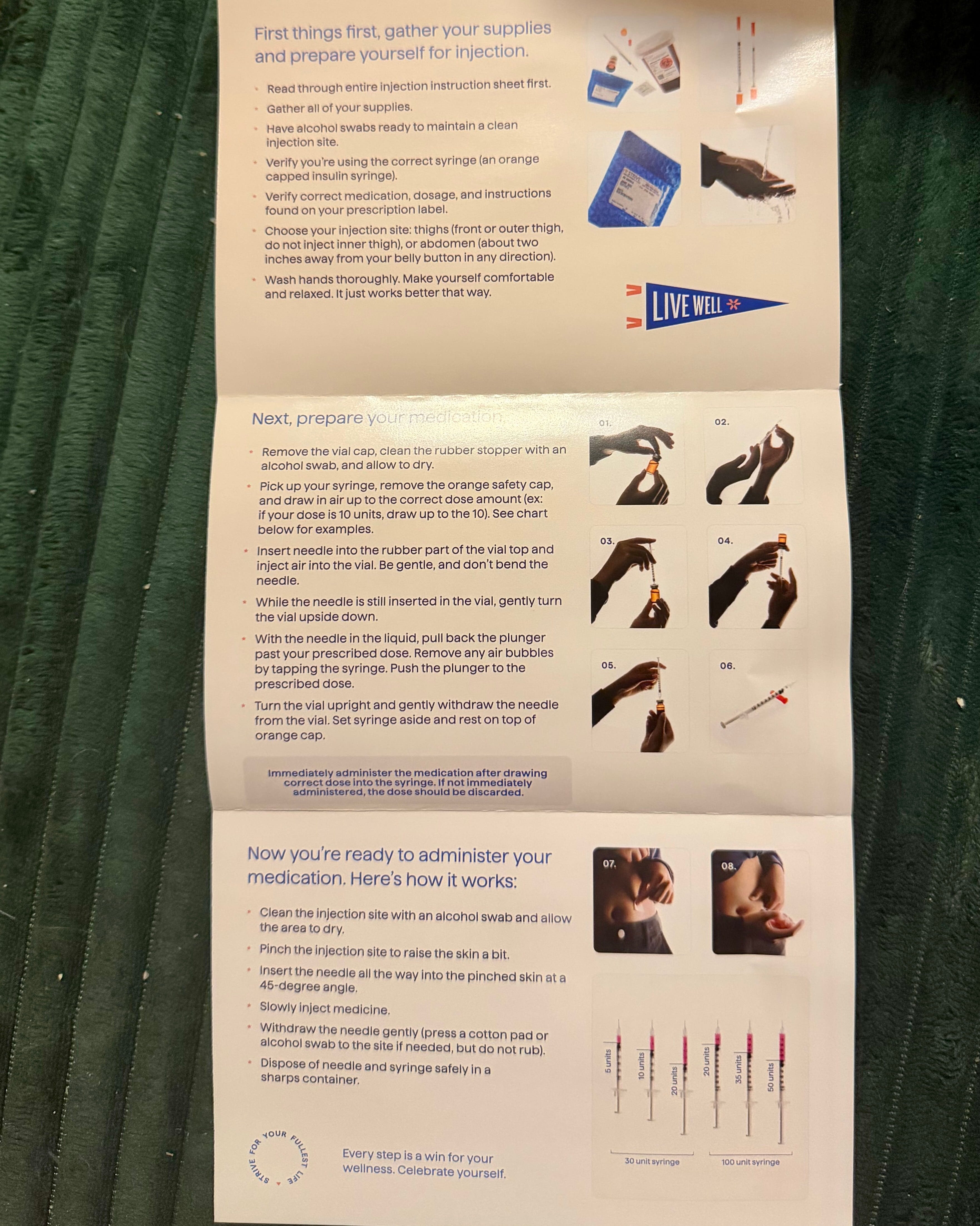 Strive Pharmacy tri-fold injection instruction brochure with photographed steps and a syringe dose chart from 5 to 50 units