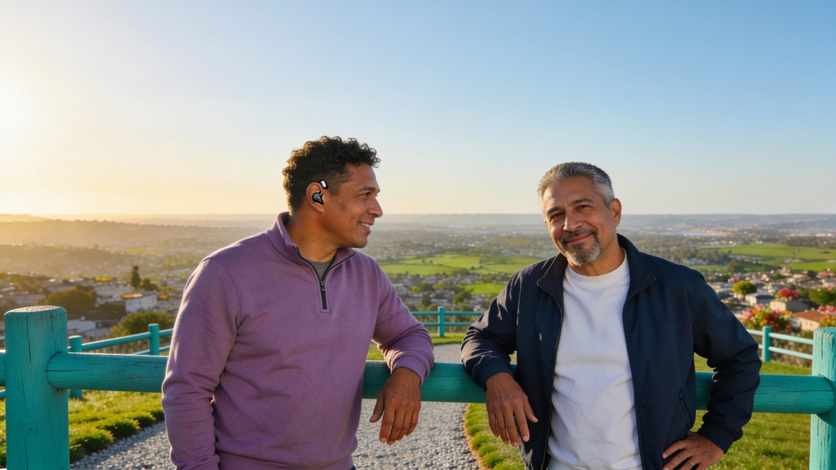 Two neighbors in their late forties and fifties pause at a teal-painted hilltop railing on an evening walk, one smiling toward the camera.