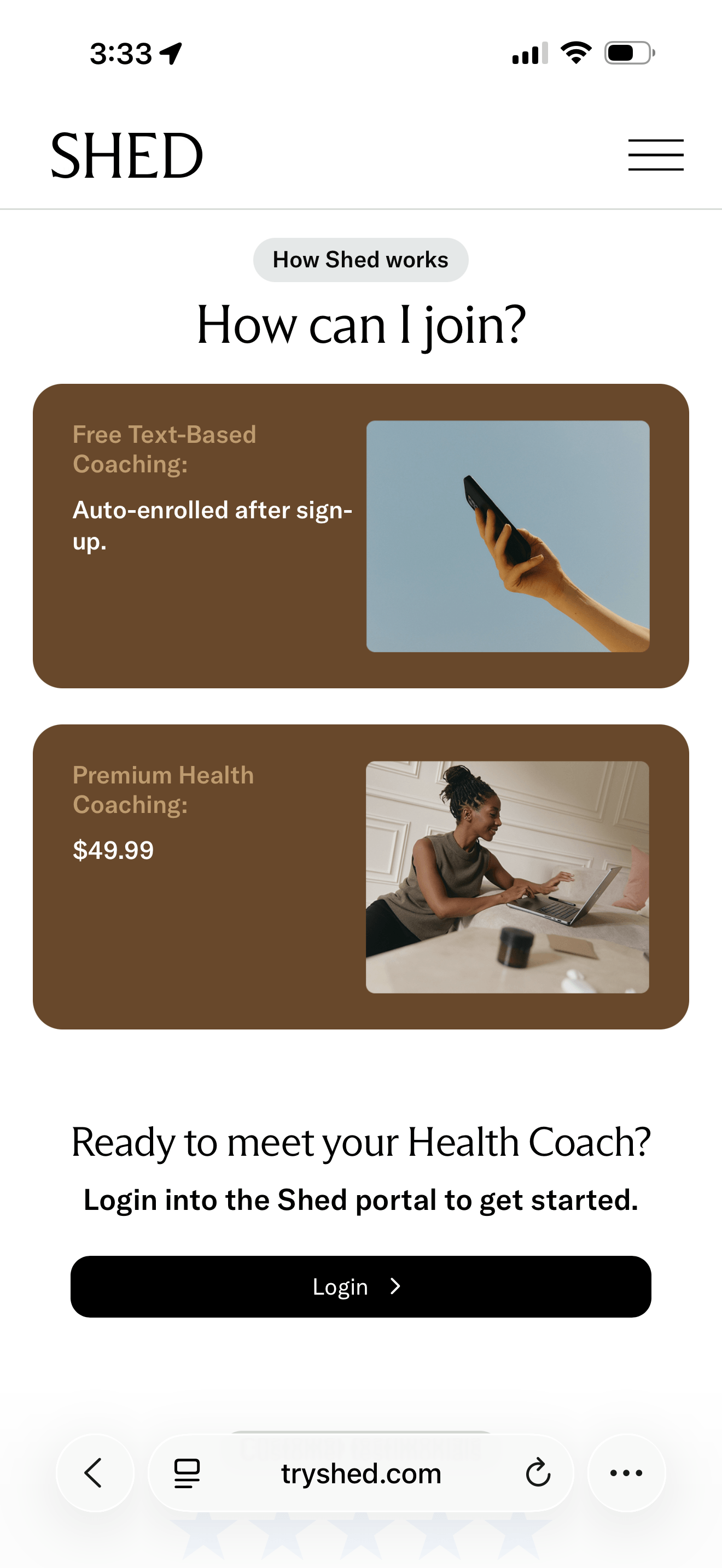 Shed join options showing free auto-enrolled text-based coaching alongside Premium Health Coaching at $49.99