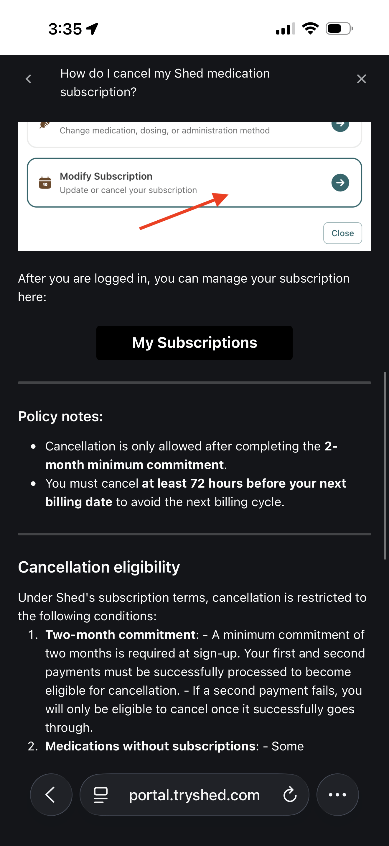 Shed help center article on cancelling a medication subscription showing the two-month minimum and 72-hour notice policy notes