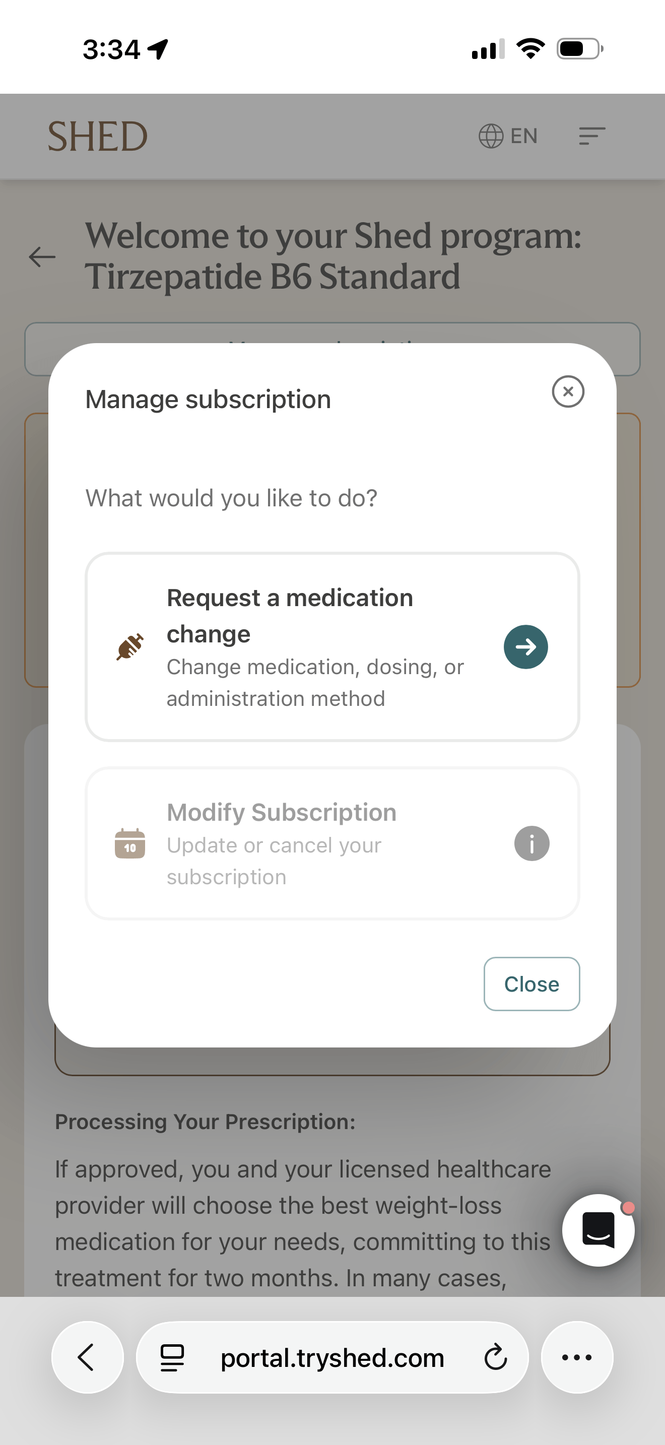 Shed Manage subscription modal with Request a medication change active and Modify Subscription greyed out with an information icon