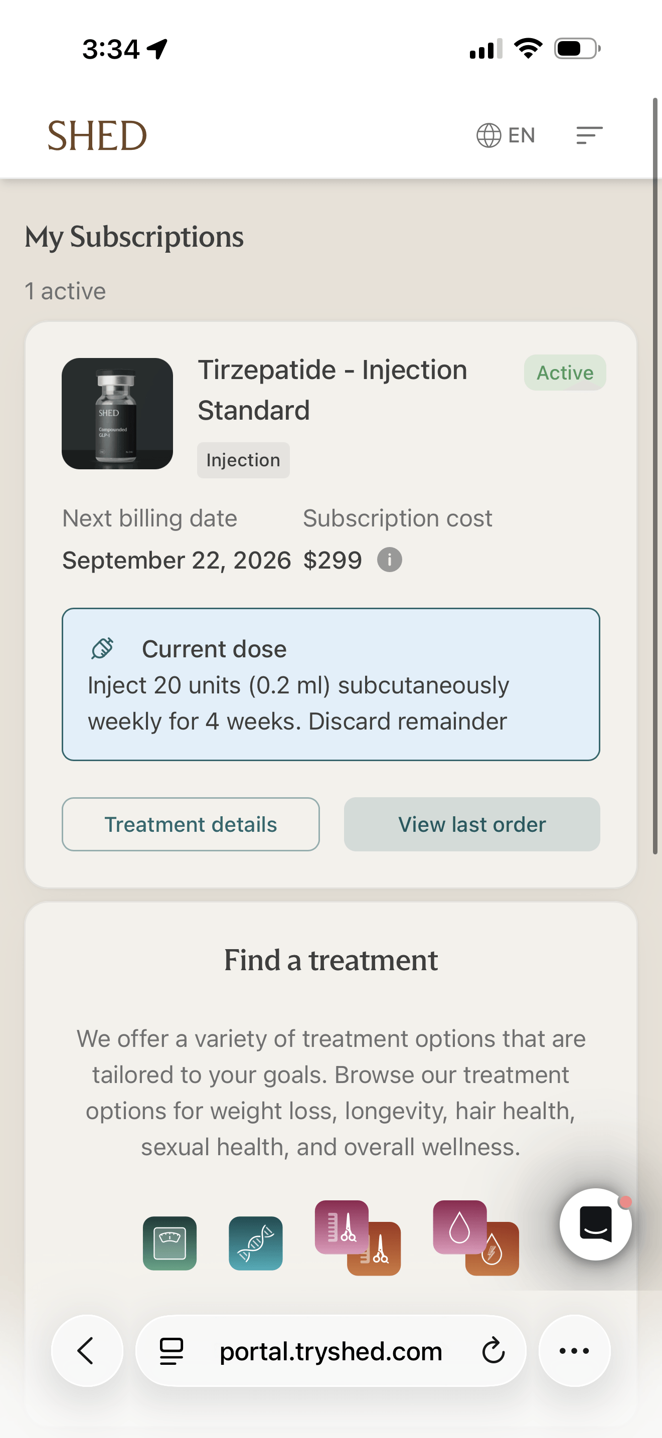 Shed My Subscriptions screen showing an active tirzepatide injection plan, a September 22 next billing date, and a $299 cost