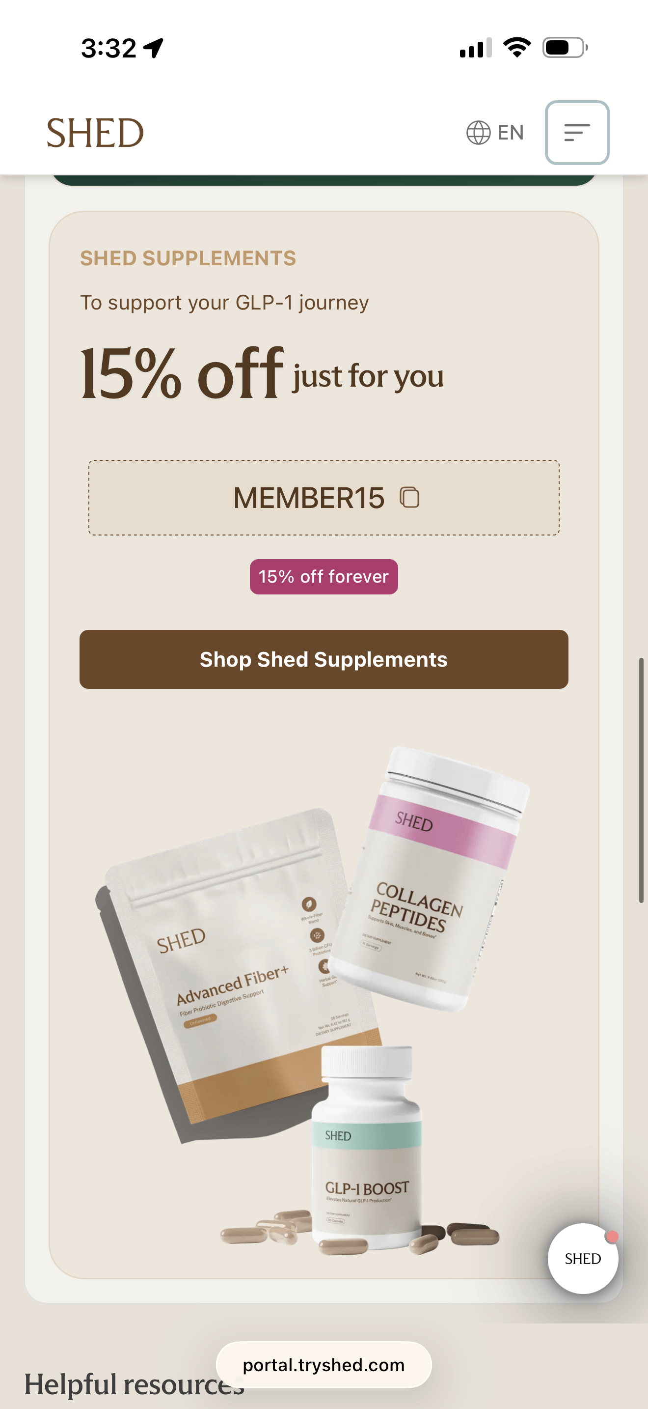 Shed supplements MEMBER15 code for 15% off forever on Advanced Fiber+, Collagen Peptides, and GLP-1 Boost