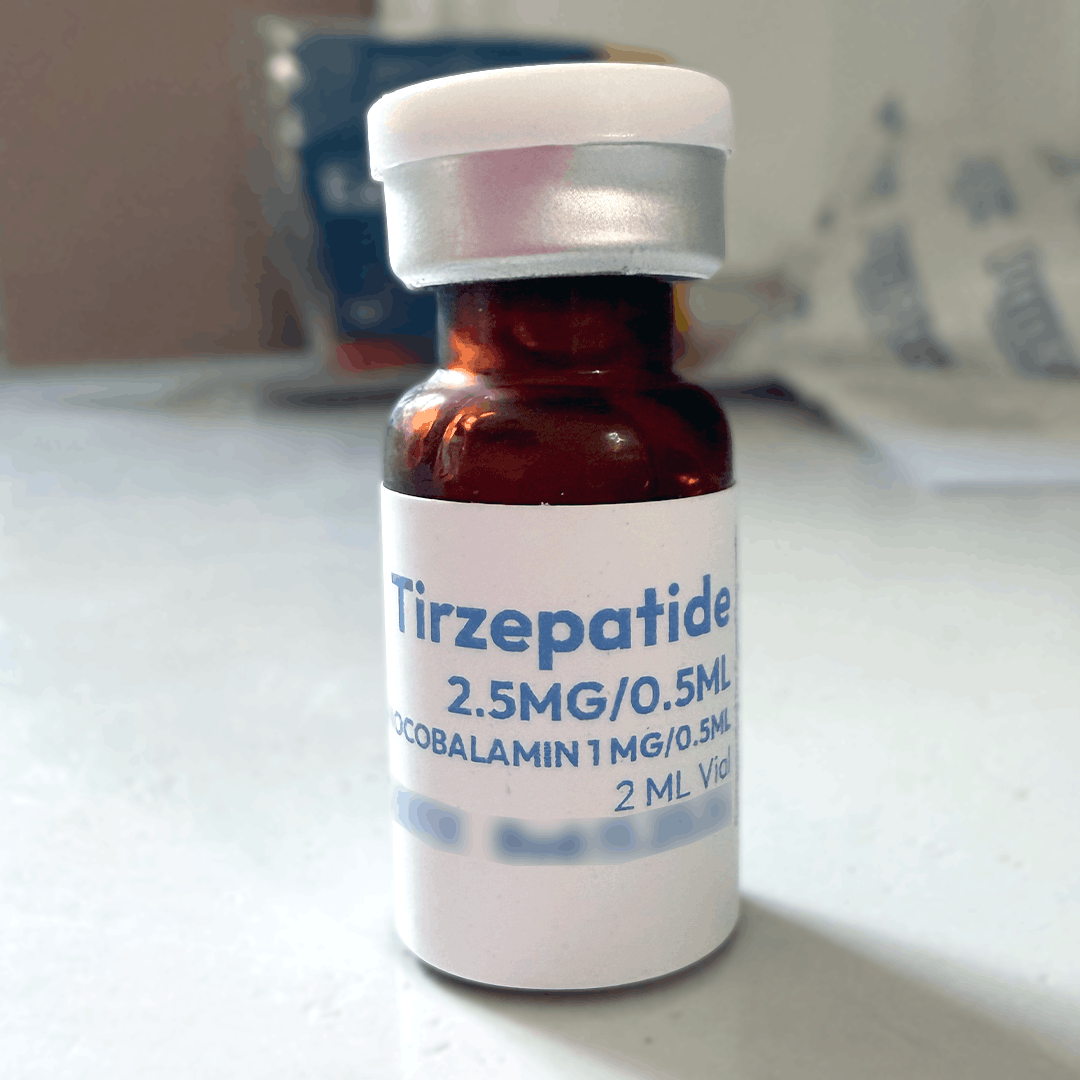 TrimRX vial label reading Tirzepatide 2.5MG/0.5ML with Cyanocobalamin B12, 2 mL vial