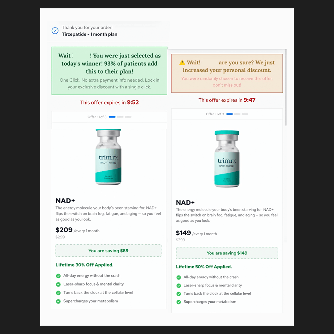 TrimRX checkout NAD+ add-on offer dropping from $209 to $149 as the discount increases