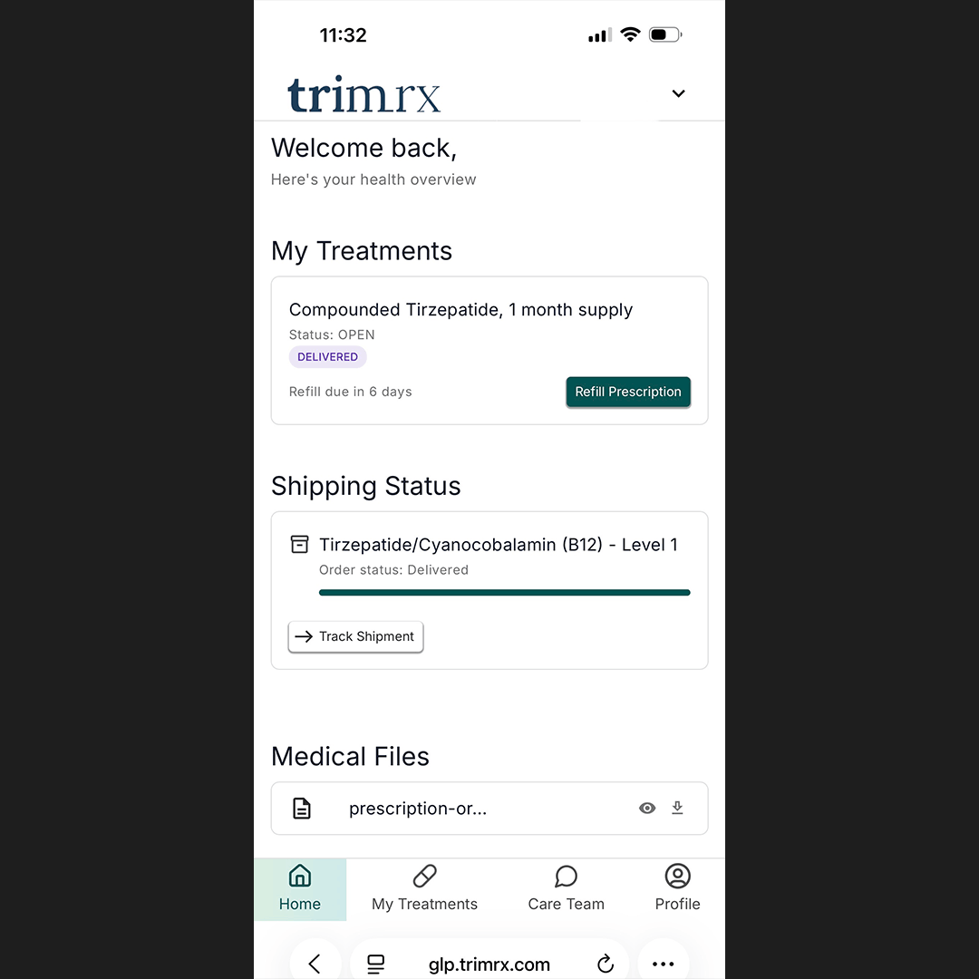TrimRX patient portal showing compounded tirzepatide delivered, shipping status, and medical files