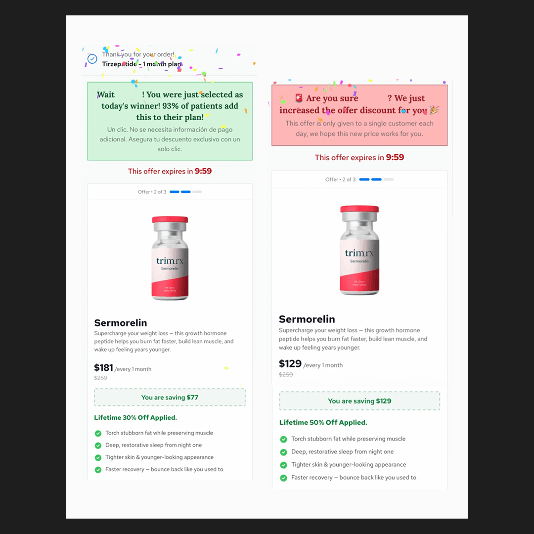 TrimRX checkout Sermorelin add-on offer dropping from $181 to $129 after declining