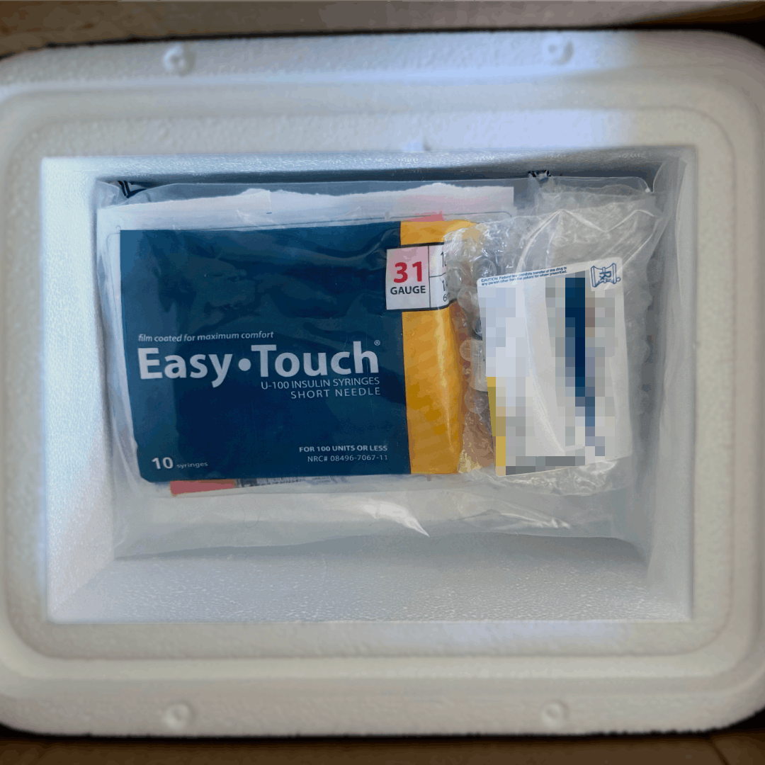 Opened TrimRX shipping box with styrofoam cooler, gel pack, vial, syringes, and a CasaPharmaRx card