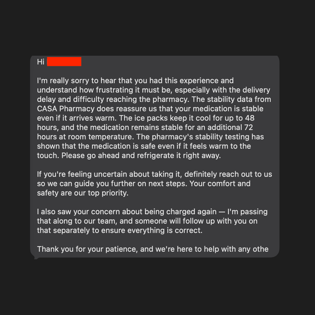TrimRX support message saying the medication is stable even if it arrives warm, advising to refrigerate immediately