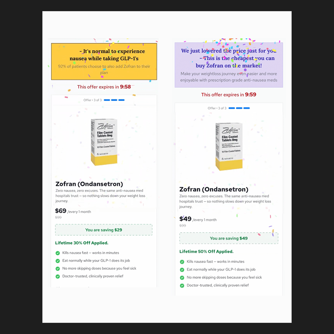 TrimRX checkout Zofran (ondansetron) add-on offer dropping from $69 to $49