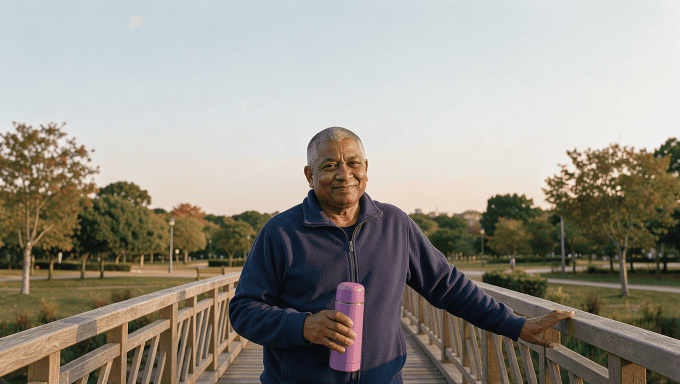 A person in their early sixties pauses on a park footbridge with a purple thermos in late-afternoon light.