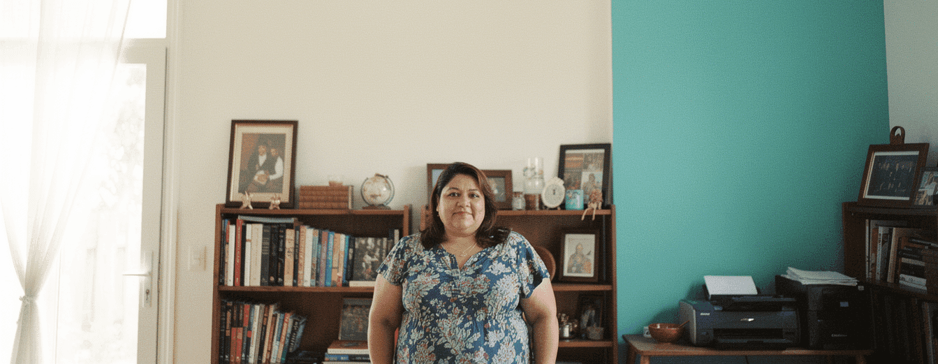 A woman in her late forties lines up an empty picture frame against a wall beside a teal painted panel.