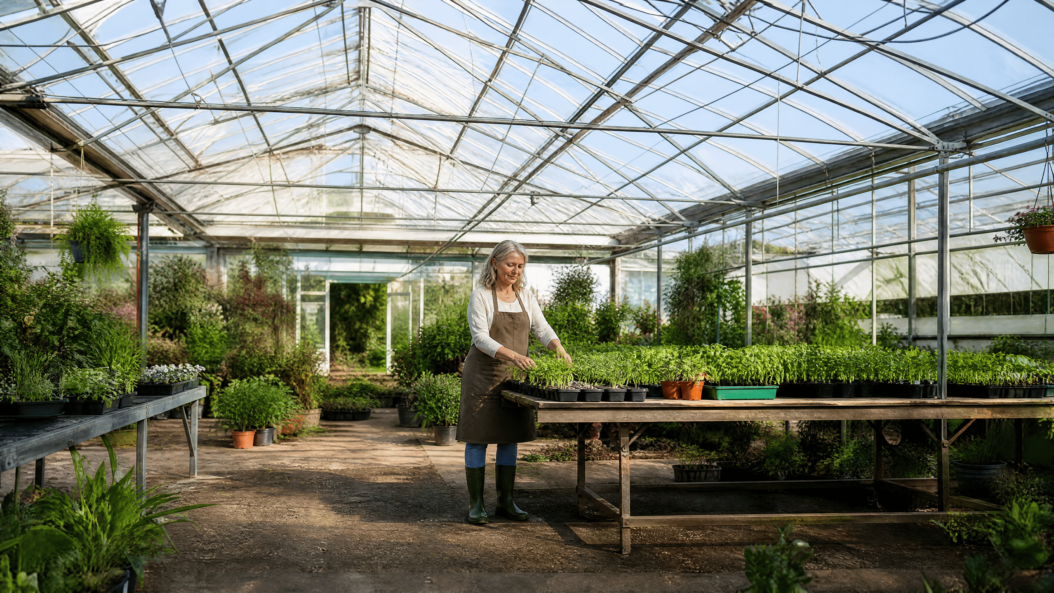 woman in her 50s stands at a sunlit community greenhouse table