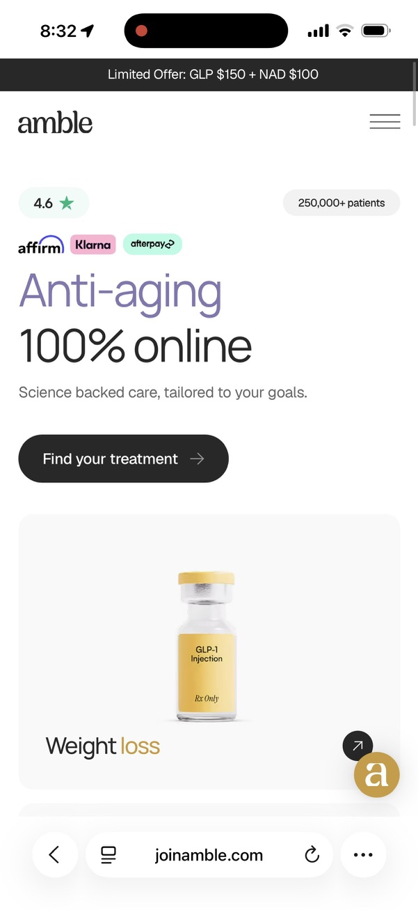 Amble homepage on a phone showing a Limited Offer GLP $150 plus NAD $100 banner, 4.6 stars, 250,000 plus patients and Anti-aging 100% online