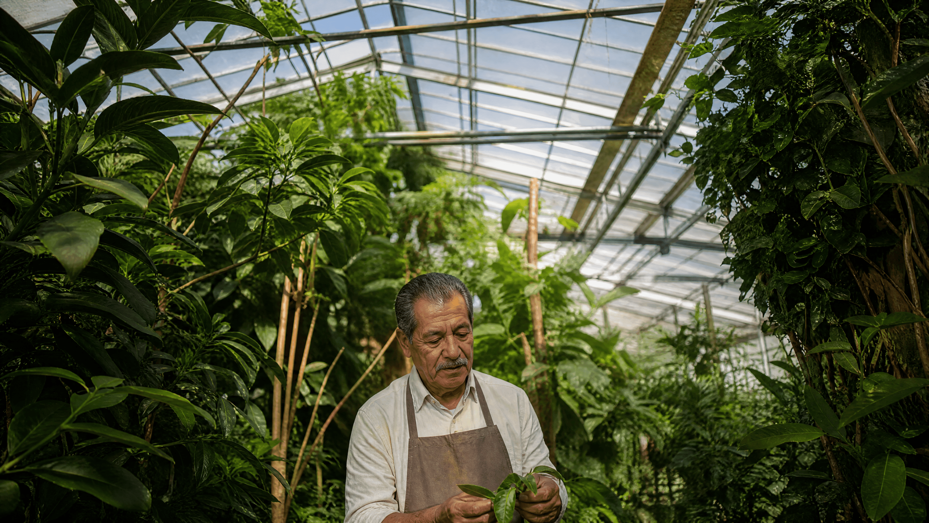 A Hispanic man in his 60s stands in a bright community greenhouse aisle