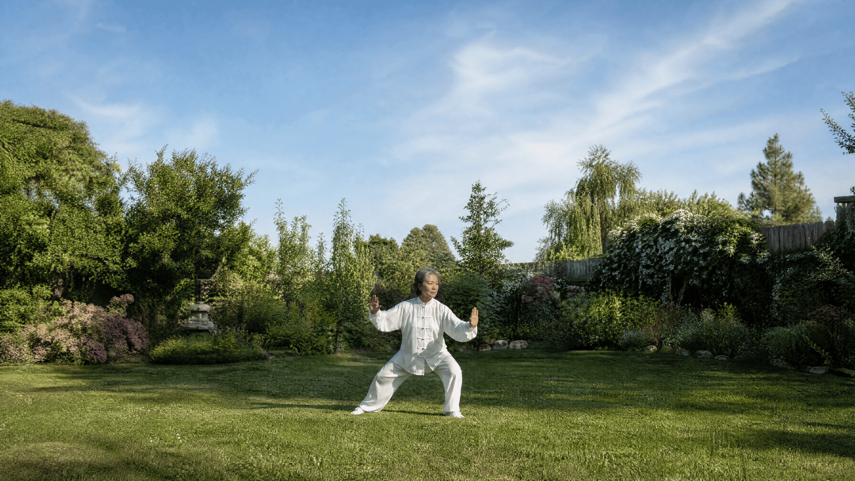 Asian woman in her late 50s practicing Tai Chi