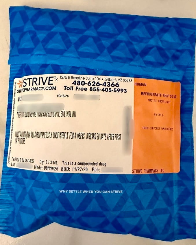 Blue Strive Pharmacy bubble mailer with a prescription label reading inject 0.64 mL once weekly, made 08/29/26, BUD 11/27/26, and an orange refrigerate ship cold sticker