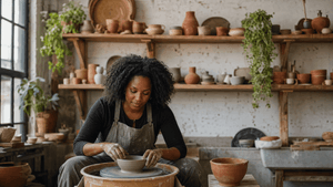 a black woman in her 30s sits at a pottery wheel shaping a bowl