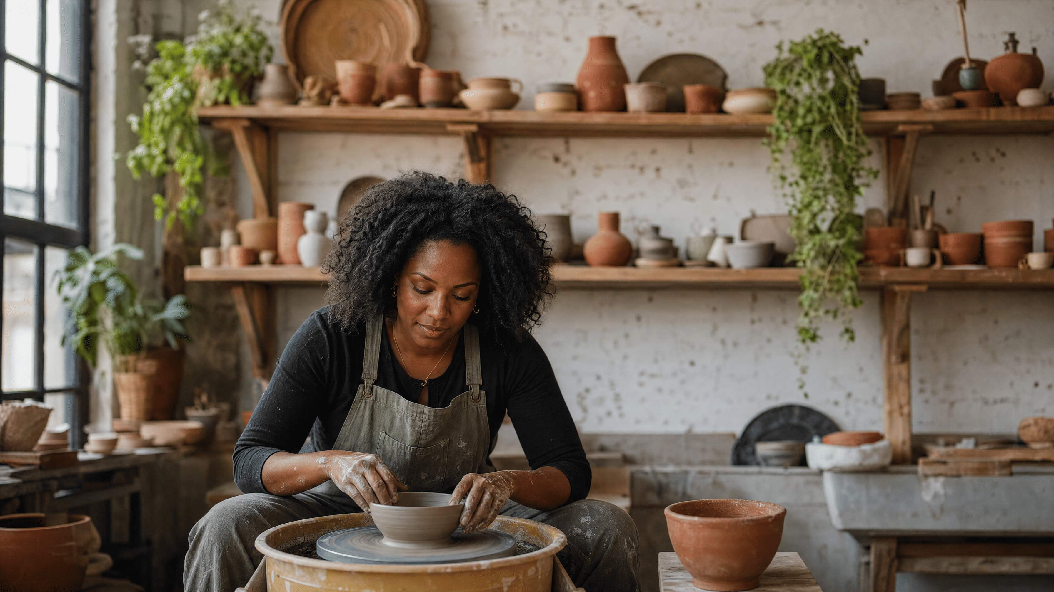 a black woman in her 30s sits at a pottery wheel shaping a bowl
