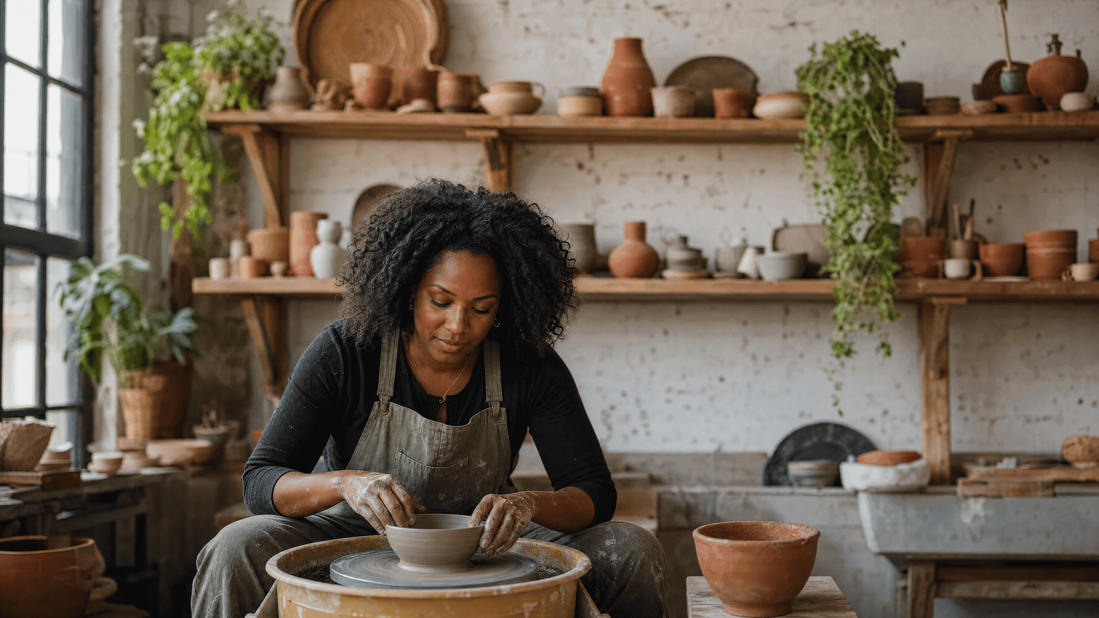 a black woman in her 30s sits at a pottery wheel shaping a bowl