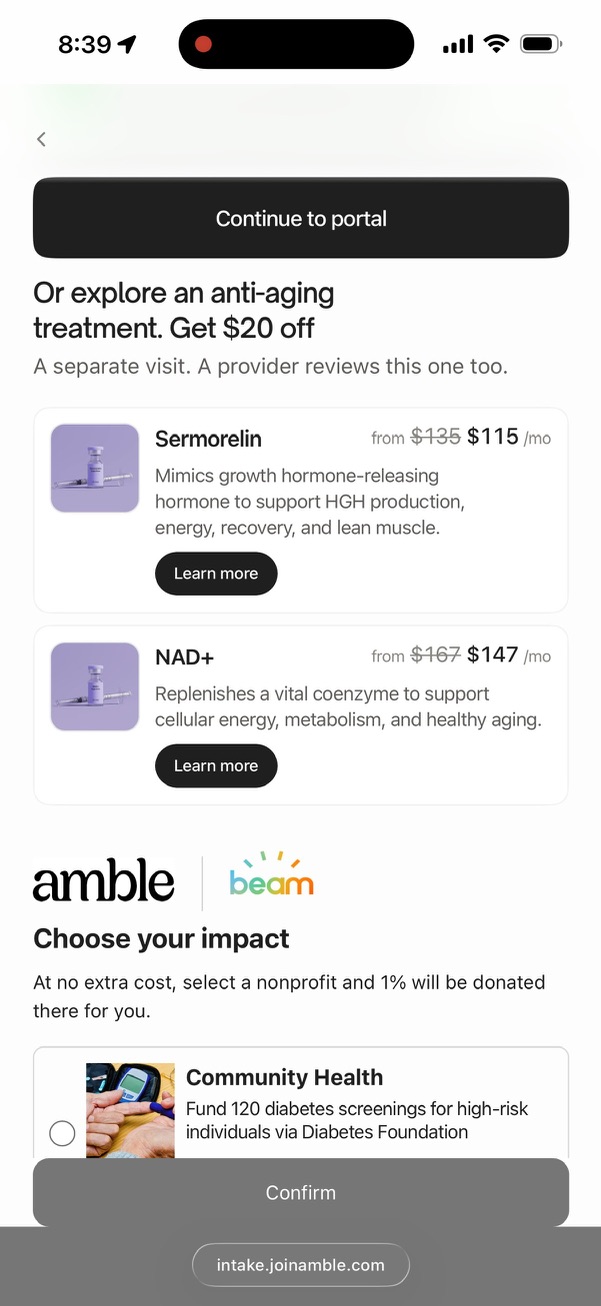 Amble upsell screen offering $20 off sermorelin at $115 a month or NAD plus at $147 a month, with Continue to portal at the top