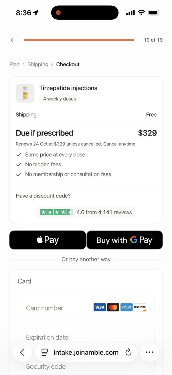 Amble checkout showing $329 due if prescribed, free shipping, renews 24 Oct at $329 unless cancelled, and Apple Pay or Google Pay options
