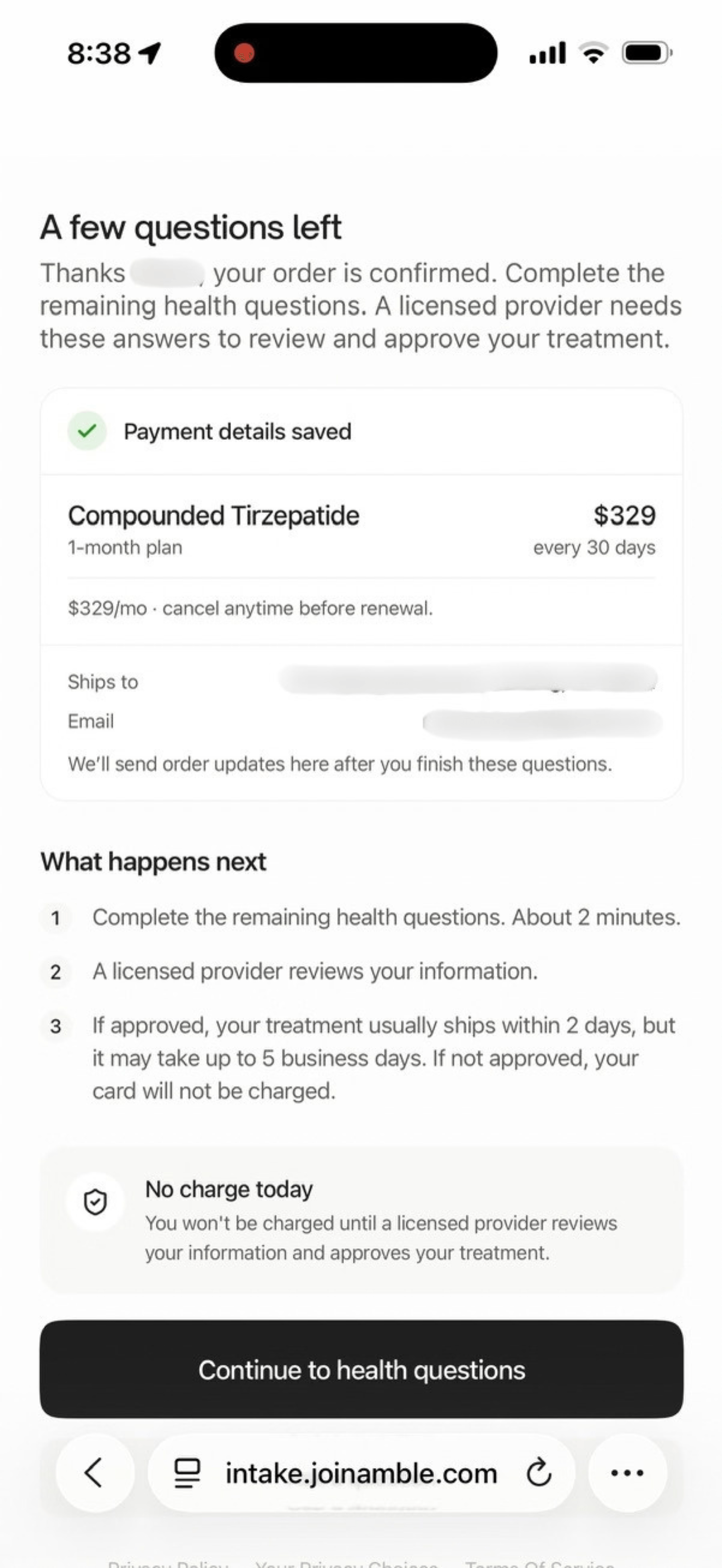 Amble post-payment screen reading your order is confirmed and no charge today, with health questions left and shipping of 2 to 5 business days