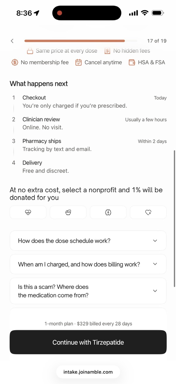 Amble checkout timeline showing clinician review in usually a few hours, pharmacy ships within 2 days, and free discreet delivery