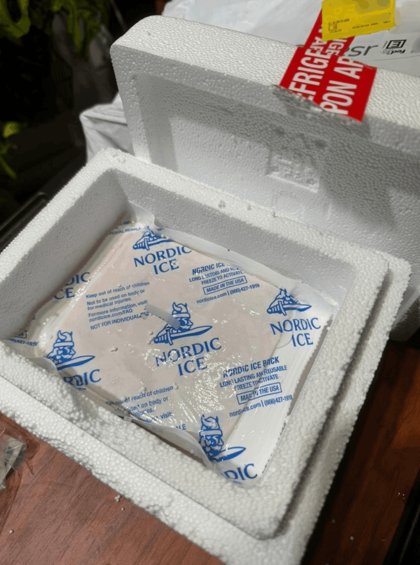 Open foam cooler from Amble showing one Nordic Ice gel pack covered in condensation, with the FedEx Pak behind it