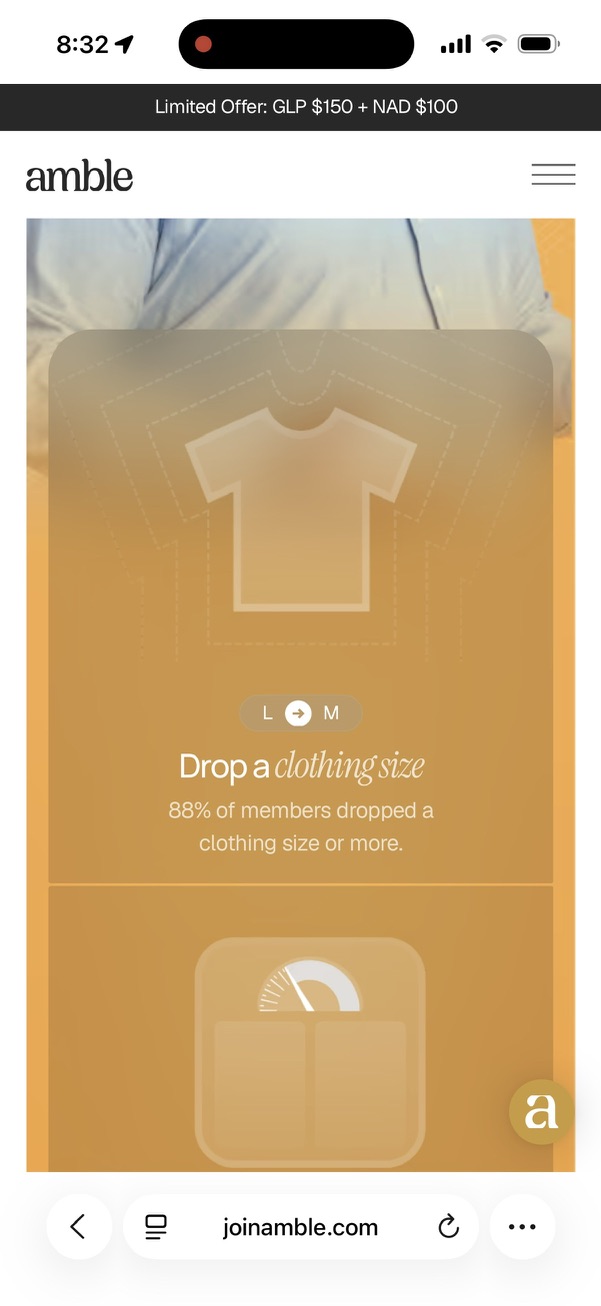 Amble homepage panel reading Drop a clothing size with the claim that 88% of members dropped a clothing size or more