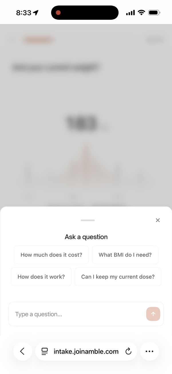 Amble intake Ask a question sheet with suggested questions including Can I keep my current dose and a box to type your own