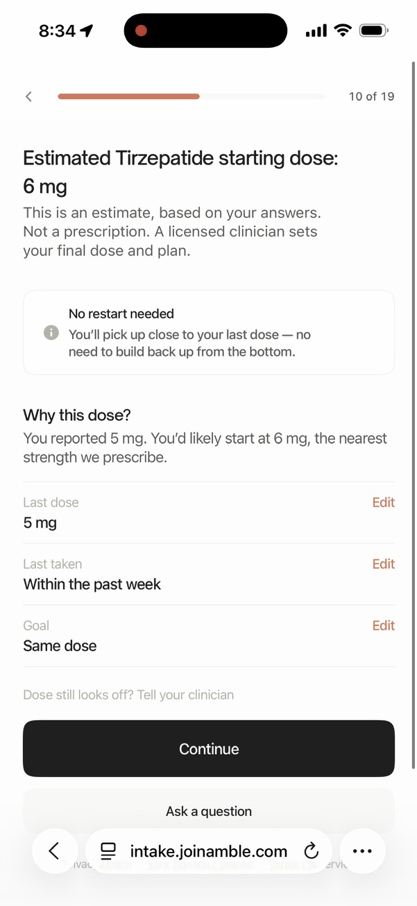 Amble intake screen reading Estimated Tirzepatide starting dose 6 mg, with last dose 5 mg and goal same dose, marked as not a prescription