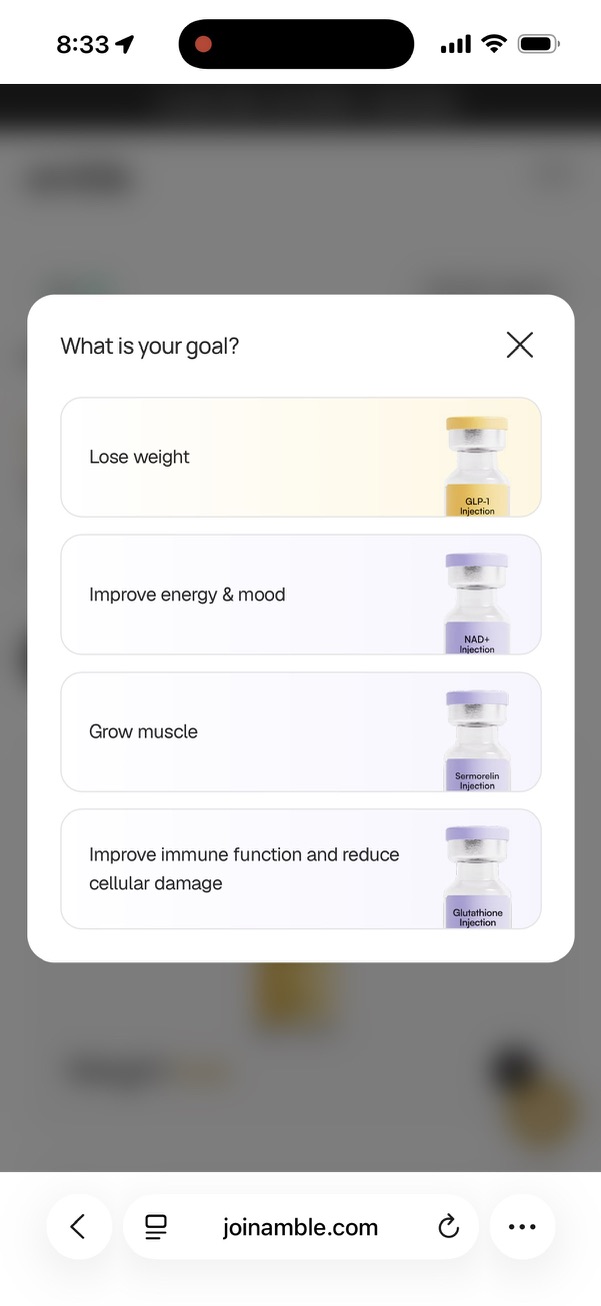 Amble intake goal screen listing lose weight, improve energy and mood, grow muscle and improve immune function, each with its own vial