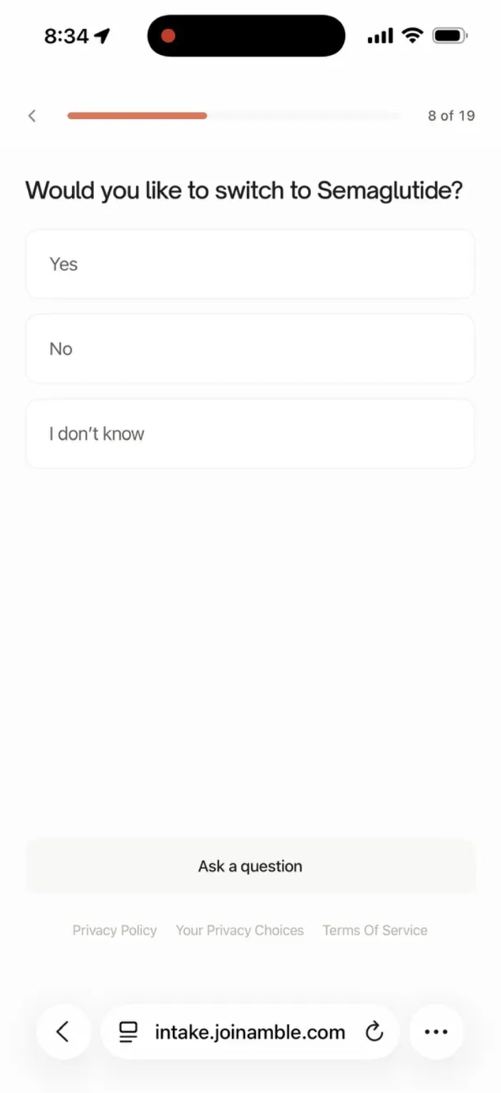 Amble intake question Would you like to switch to Semaglutide with Yes, No and I don't know options and an Ask a question button