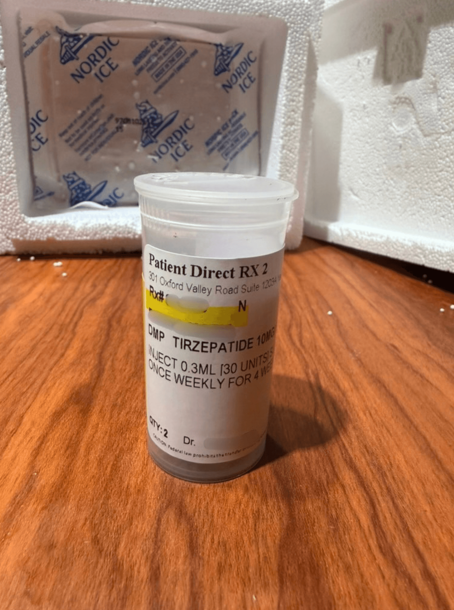 Patient Direct RX 2 prescription bottle from Amble, directions to inject 0.3 mL or 30 units once weekly for 4 weeks