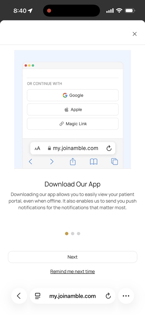Amble prompt to download its app, showing Google, Apple and Magic Link sign-in options and a Remind me next time link