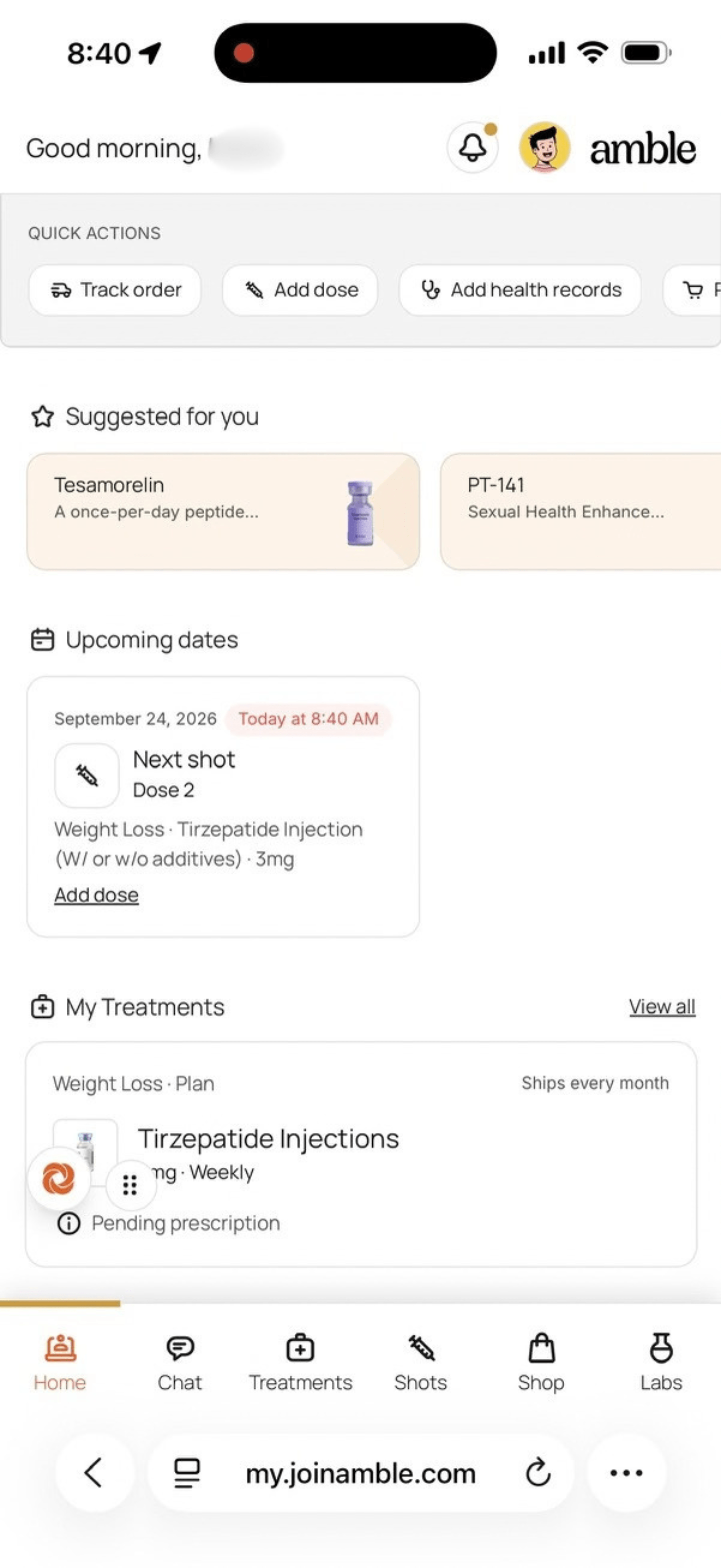 Amble patient portal home with quick actions, a suggested peptides row, a next shot card and tabs for Home, Chat, Treatments, Shots, Shop and Labs