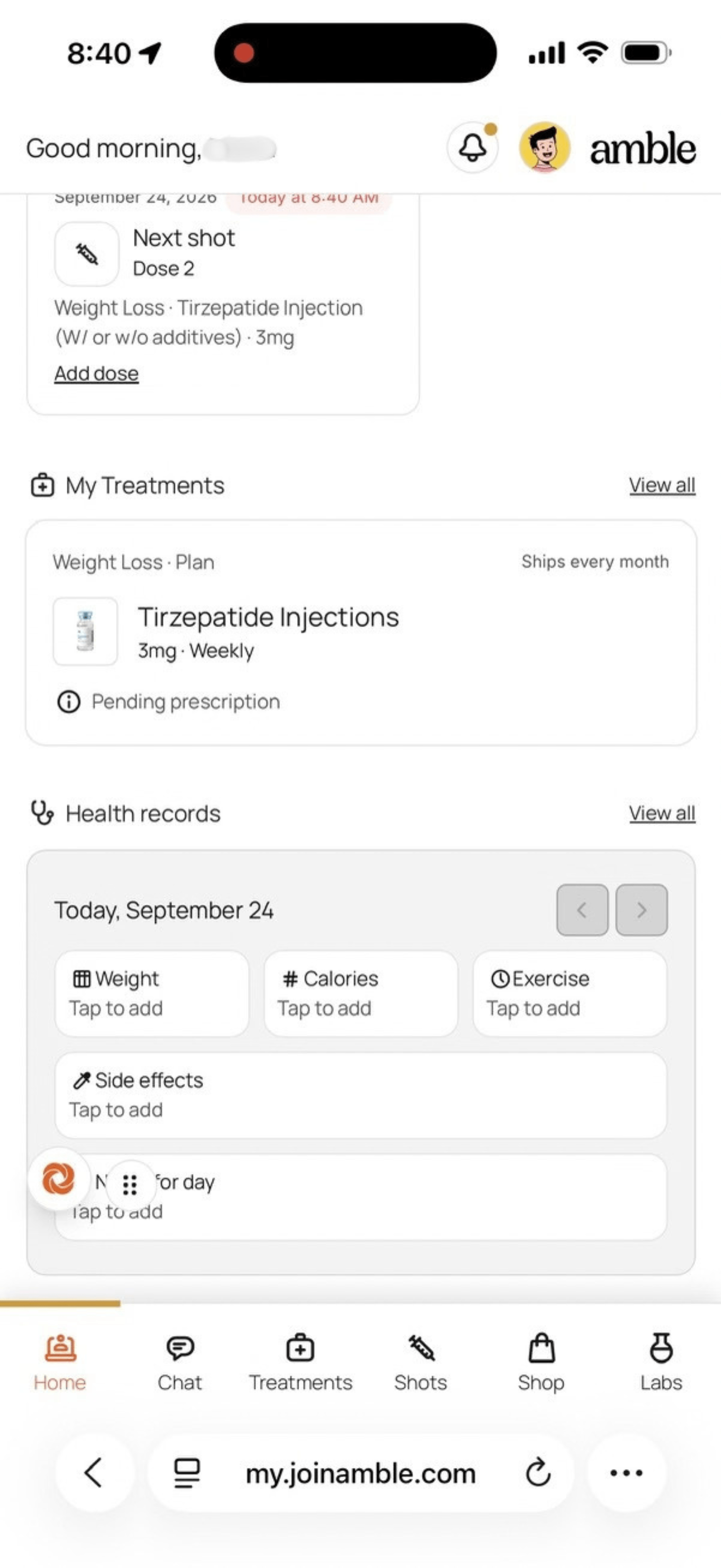 Amble portal treatment card reading Tirzepatide Injections 3mg Weekly, Pending prescription, above health record tiles for weight and side effects