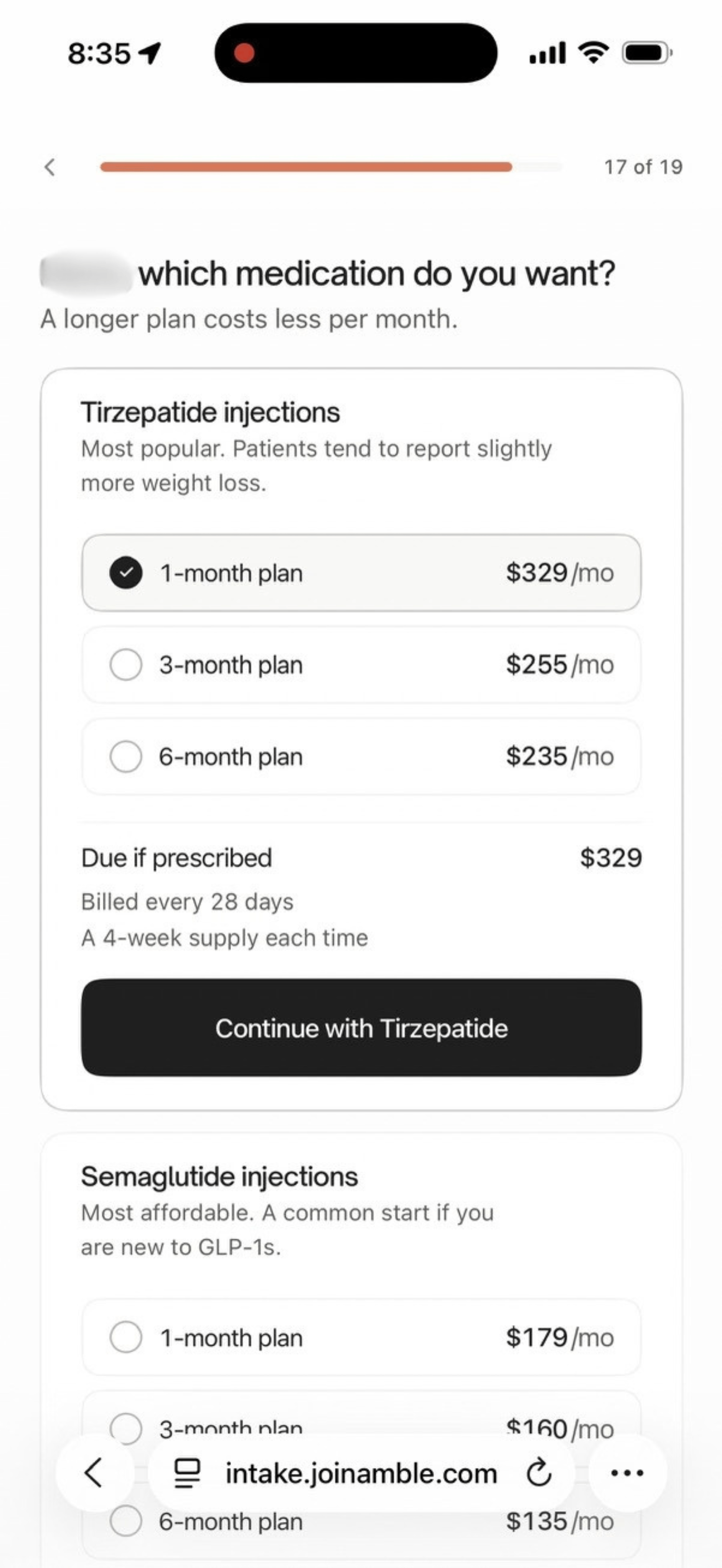 Amble plan screen showing tirzepatide at $329, $255 and $235 a month by plan length and semaglutide at $179, $160 and $135