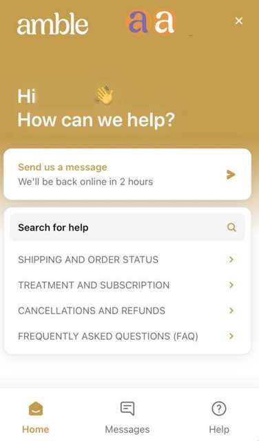 Amble support chat screen saying the team will be back online in 2 hours, with help topics for shipping, subscription, cancellations and FAQ