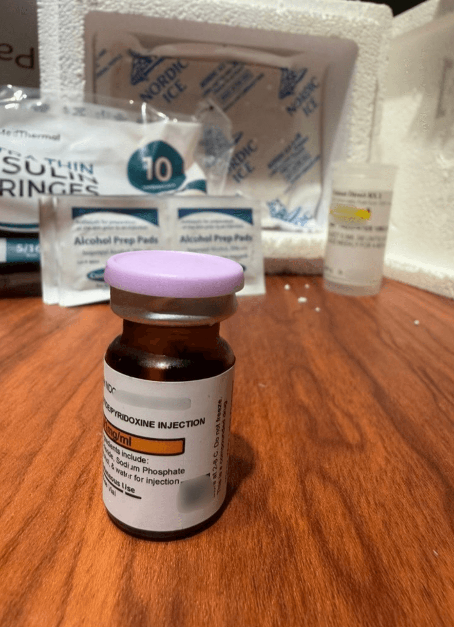 Side of the Amble tirzepatide vial showing a QR code, and Store at 2-8 C, do not freeze, this is a compounded drug
