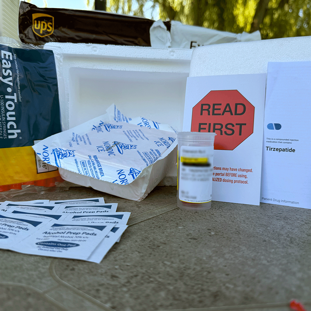 Coby Health tirzepatide shipped cold in a styrofoam cooler with Nordic Ice bricks and patient drug information