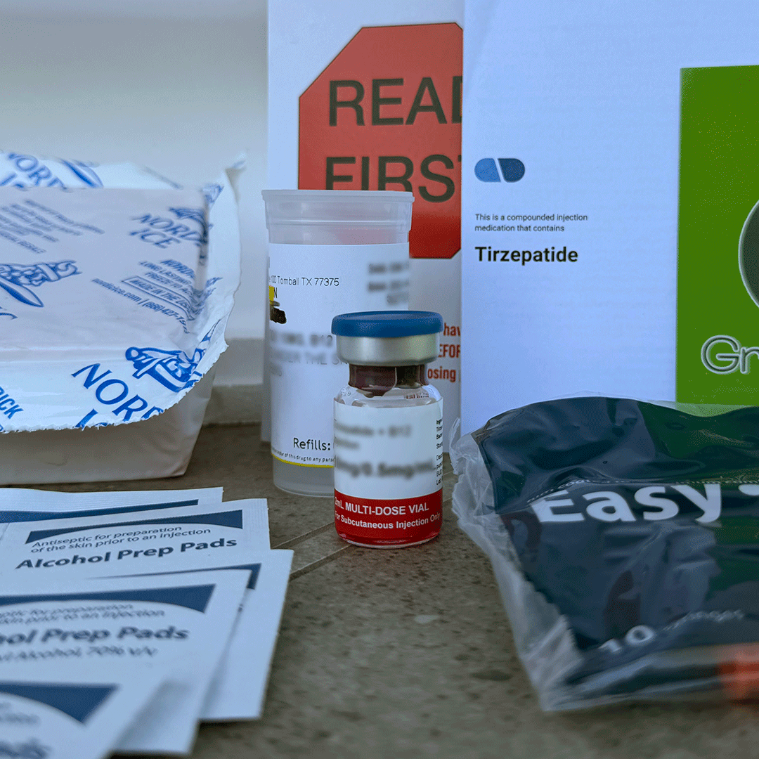 Close view of the Coby Health tirzepatide vial beside its prescription bottle and Read First instructions