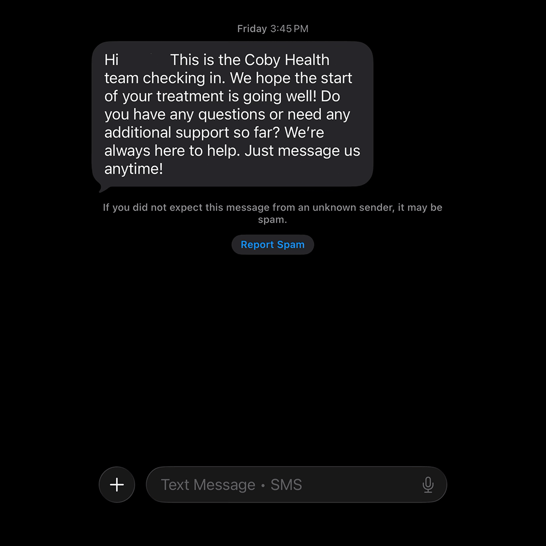 Coby Health check-in text.
