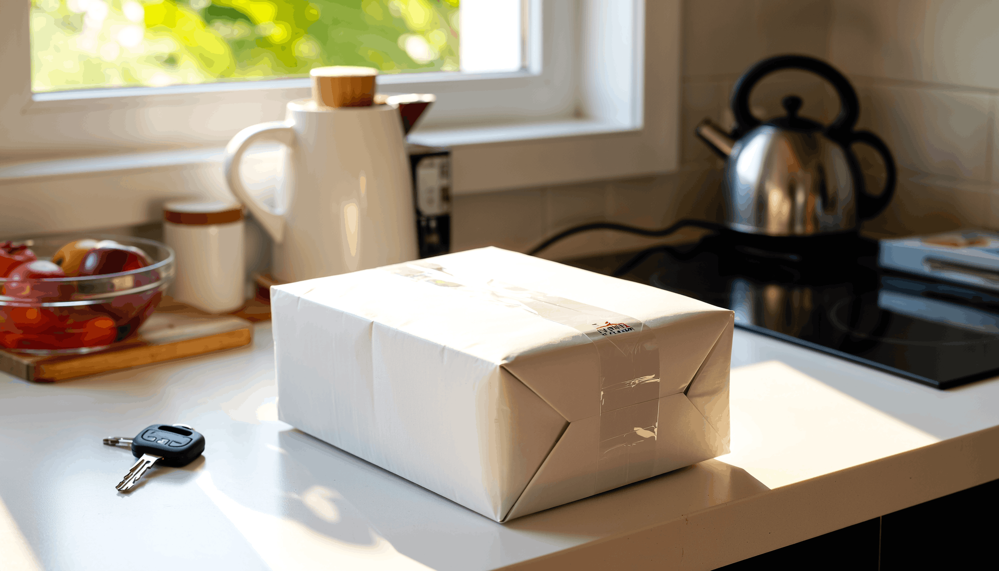 Unopened white Coby Health shipping package on a kitchen counter after delivery
