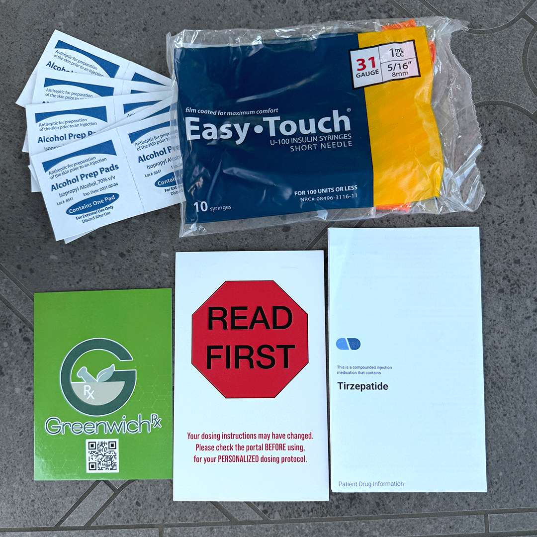 Easy Touch 31-gauge insulin syringes, alcohol prep pads, Greenwich Rx card and Read First instructions from Coby Health