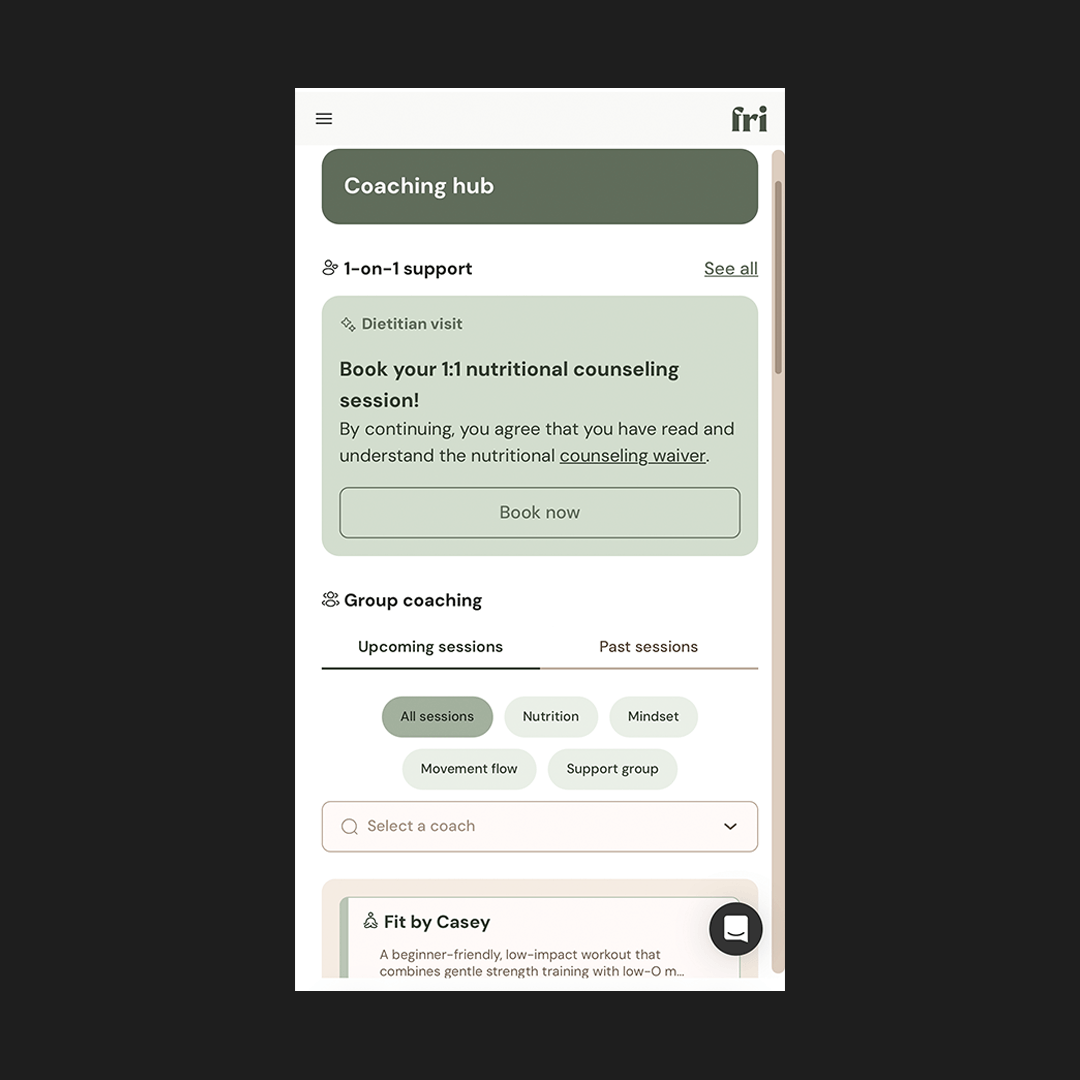 Fridays app coaching hub with 1-on-1 dietitian booking and group coaching sessions for nutrition, mindset, and movement