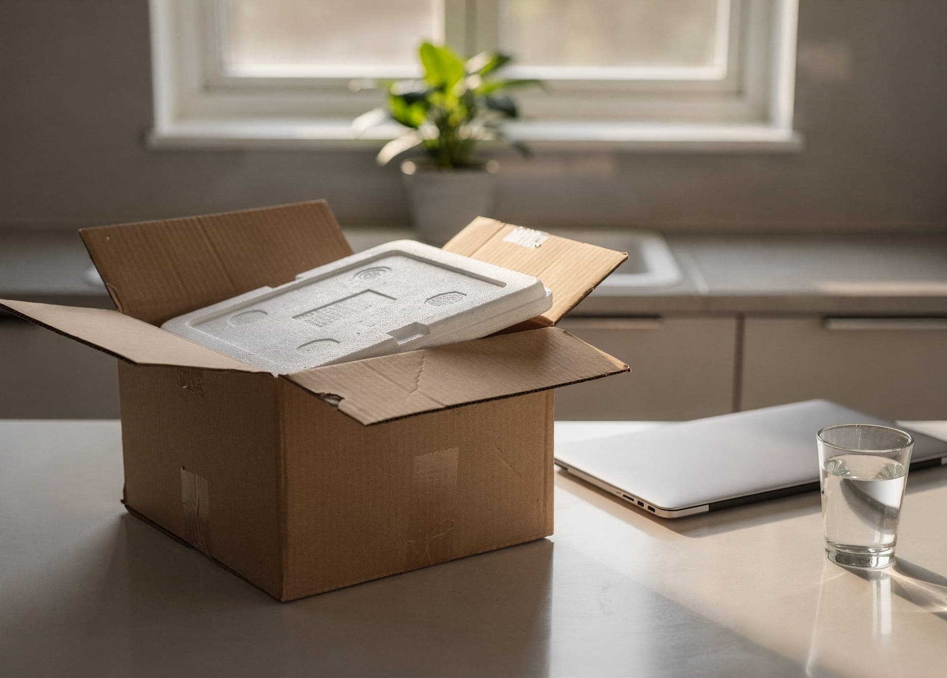Opened shipping box with a styrofoam cooler on a kitchen counter beside a closed laptop in warm morning light.